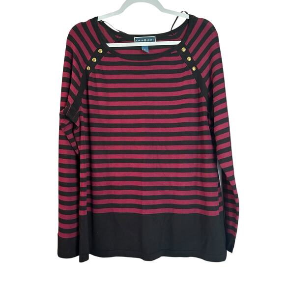 Karen Scott Knit Jersey Striped XXL Button Accents Burg/Black Nautical Stretchy - Picture 1 of 7